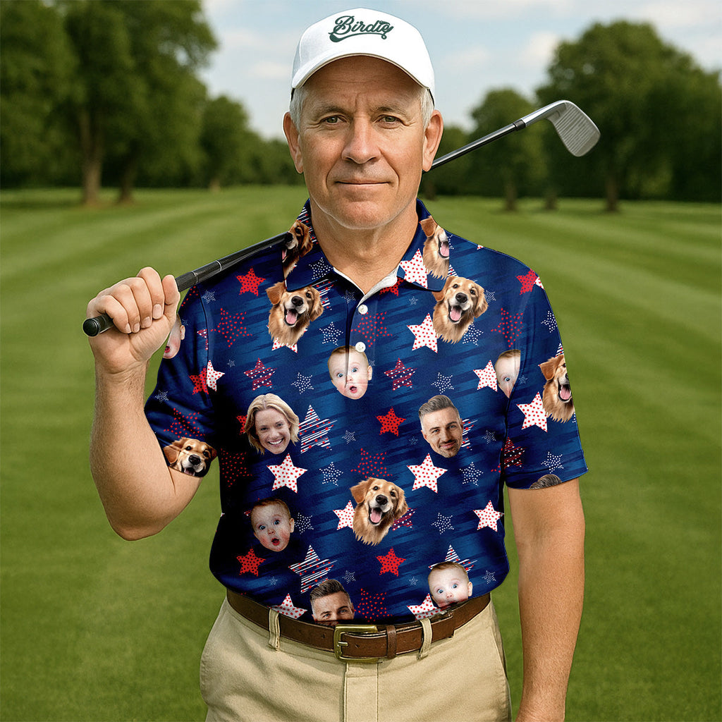 American Flag Custom Shirts With Face, Men's Golf Polo ShirtPatriotic Golf Shirt, USA Golf Shirt