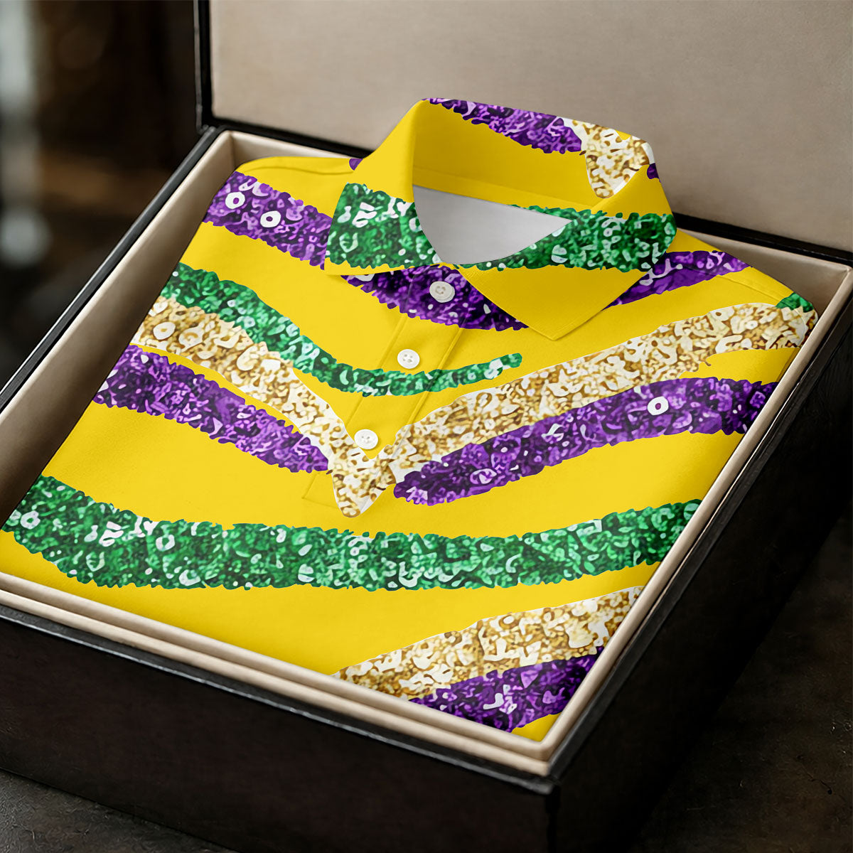 Purple Green Gold Sequin Pattern Yellow Golf Shirt, Mardi Gras Golf Shirt, Polo Shirts For Men