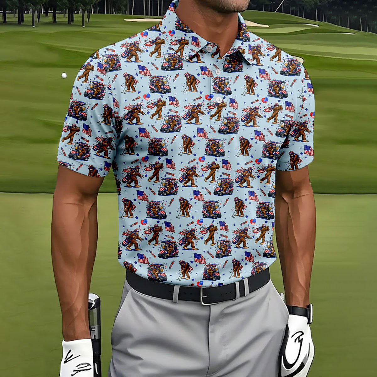 Funny Bigfoot 4th Of July American Flag Pattern Light Blue Golf Shirts For Men, 250th Anniversary Patriotic Golf Shirt