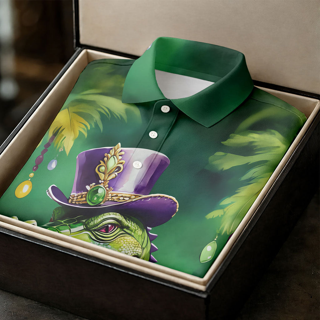 Mardi Gras Alligator Green Golf Shirt, Men's Funny Golf Shirts, Polo Shirts For Men, Golf Shirts For Men