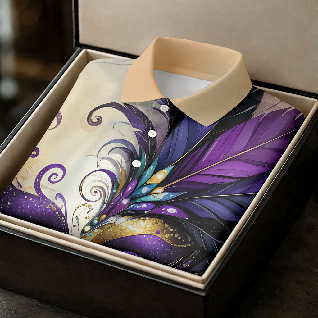 Feather Mask Mardi Gras Golf Shirt, Purple And Beige Golf Shirts For Men, Polo Shirts For Men