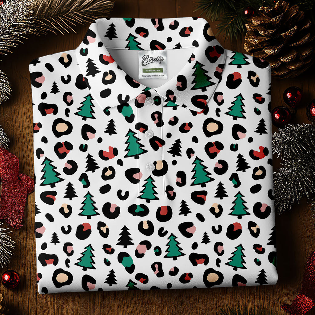 Leopard Pattern Xmas Pine Tree Golf Tops For Men, Christmas Golf Shirt, Cute Golf Outfit, Polo Shirts For Men