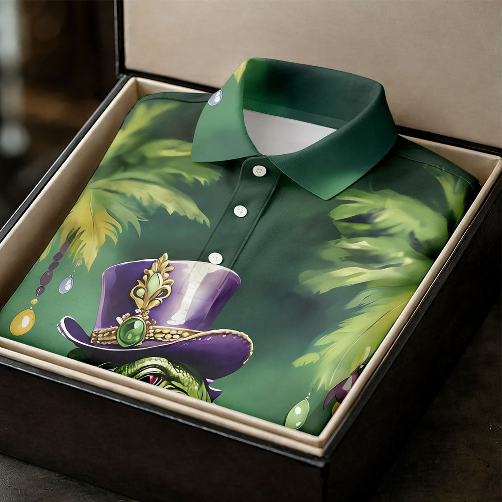 Mardi Gras Alligator Decorated Palm Tree Print Golf Shirt, Polo Shirts For Men, Golf Shirts For Men