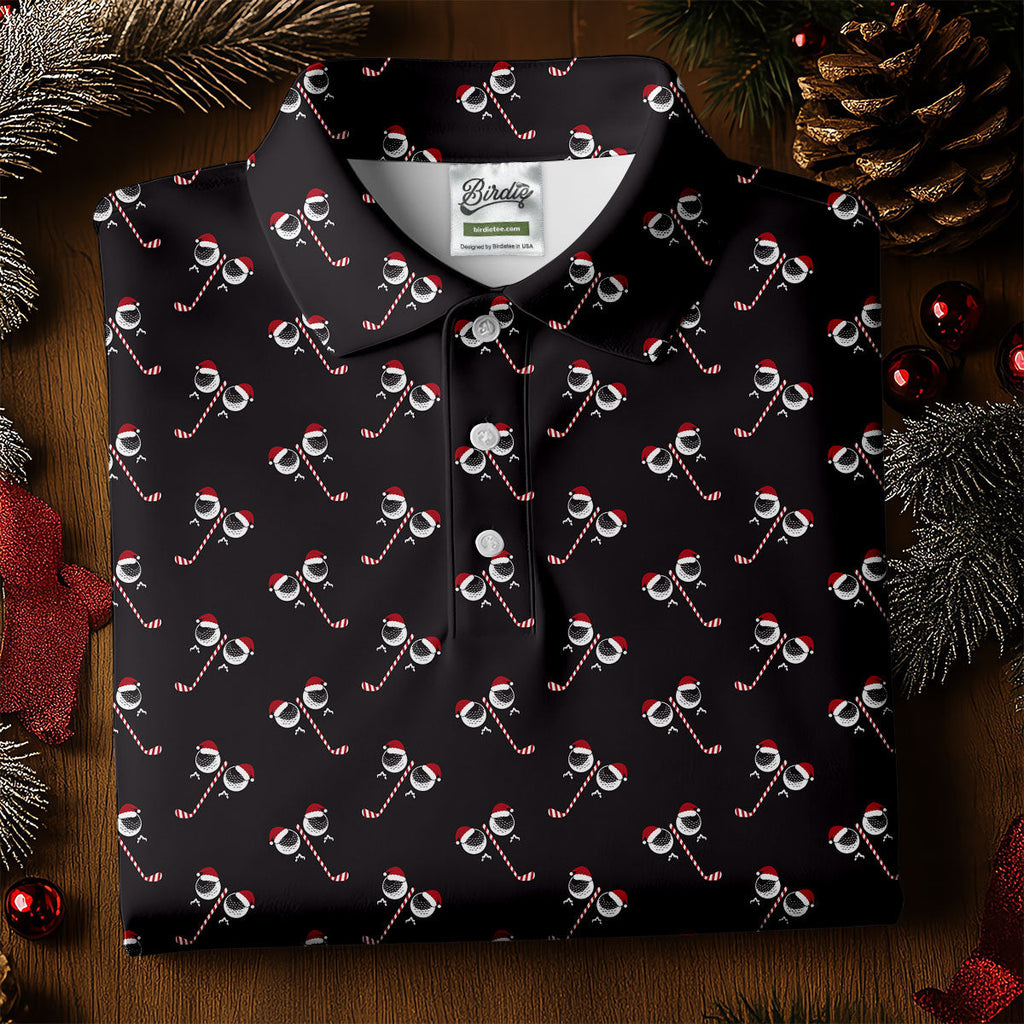 Funny Christmas Candy Cane Pattern Black Golf Shirt, Polo Shirts For Men, Christmas Golf Shirt