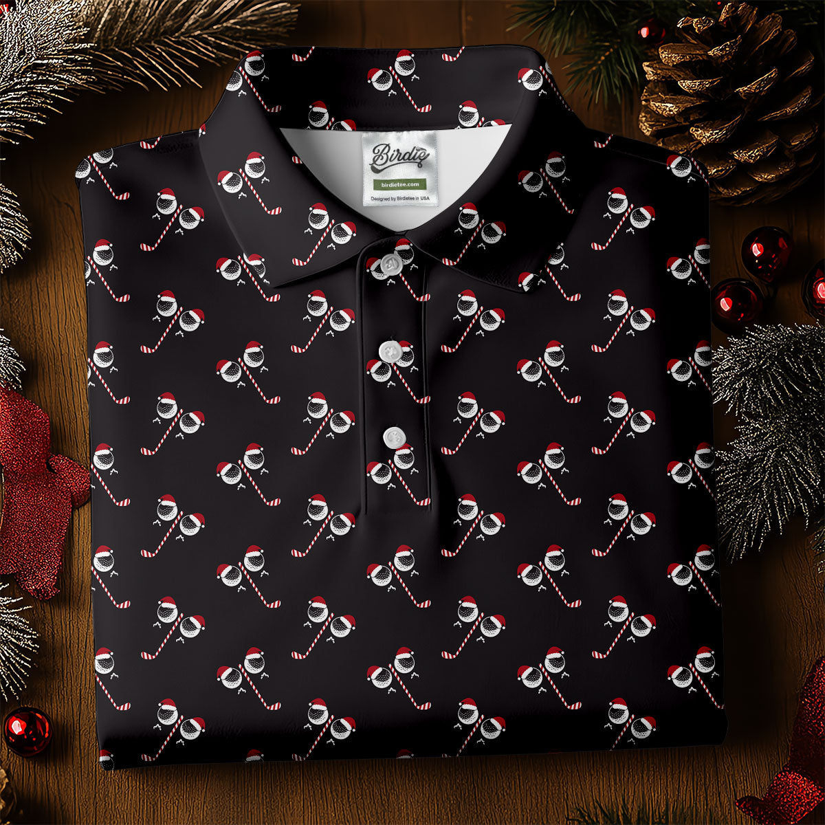 Funny Christmas Candy Cane Pattern Black Golf Shirt, Polo Shirts For Men, Christmas Golf Shirt