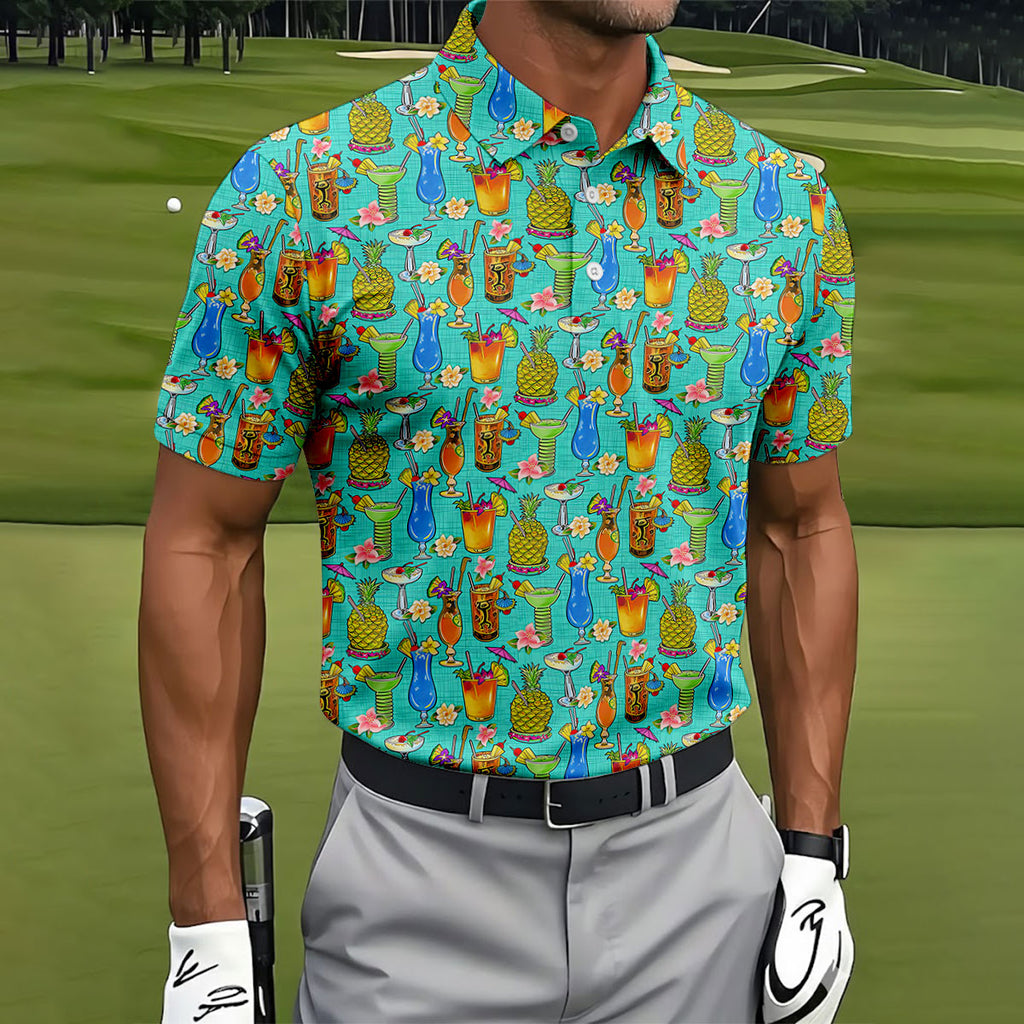 Tropical Cocktail Summer Vibe Retro Golf Shirt, Golf Tops For Men, Polo Shirts For Men, Golf Shirts For Men