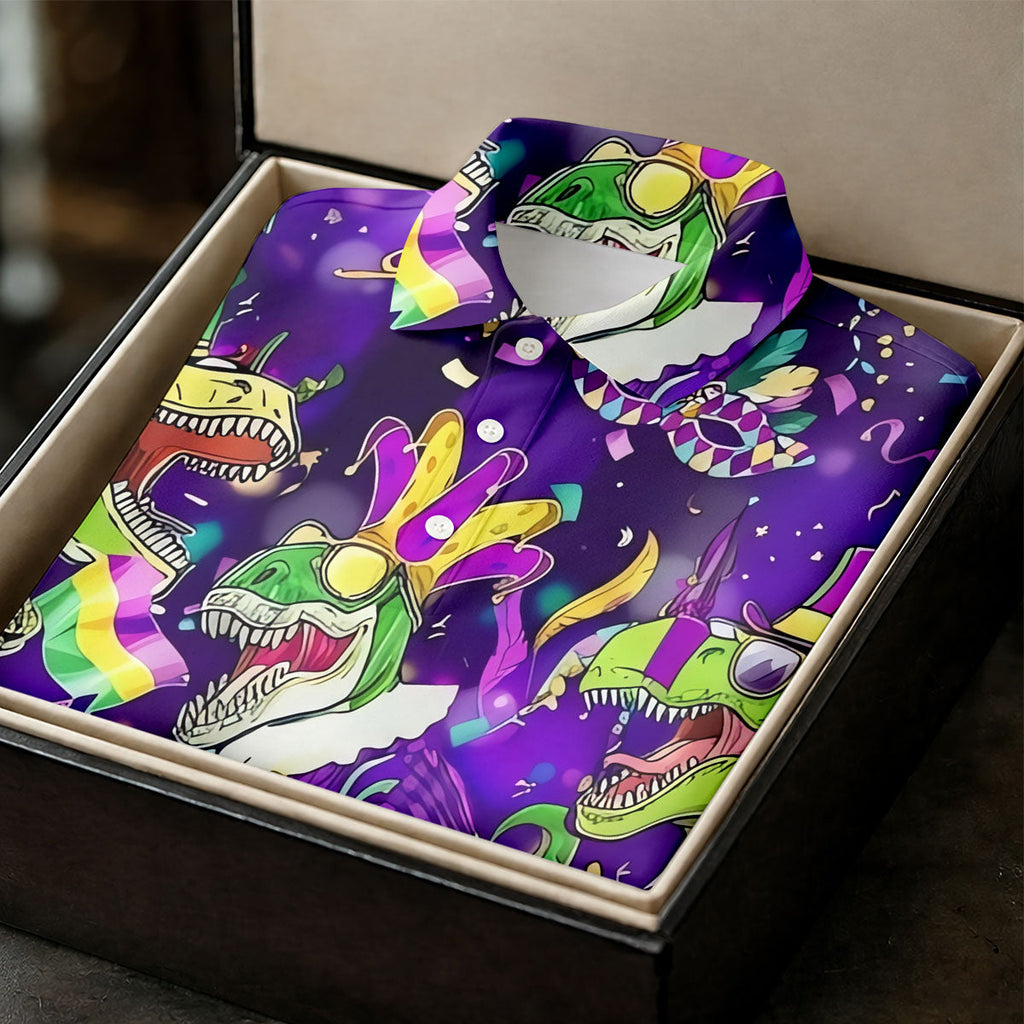 Mardi Grawr Purple Green Gold Funny Dinosaur Mardi Gras Golf Shirt, Golf Shirts For Men, Polo Shirts For Men