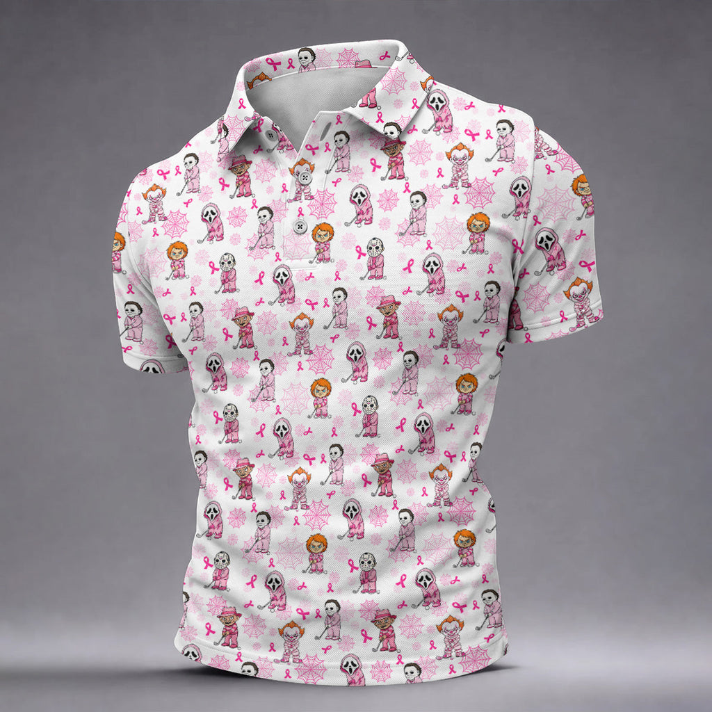Halloween Horror Character Breast Cancer Polo Shirt, Mens Golf Polo, Golf Apparel For Men