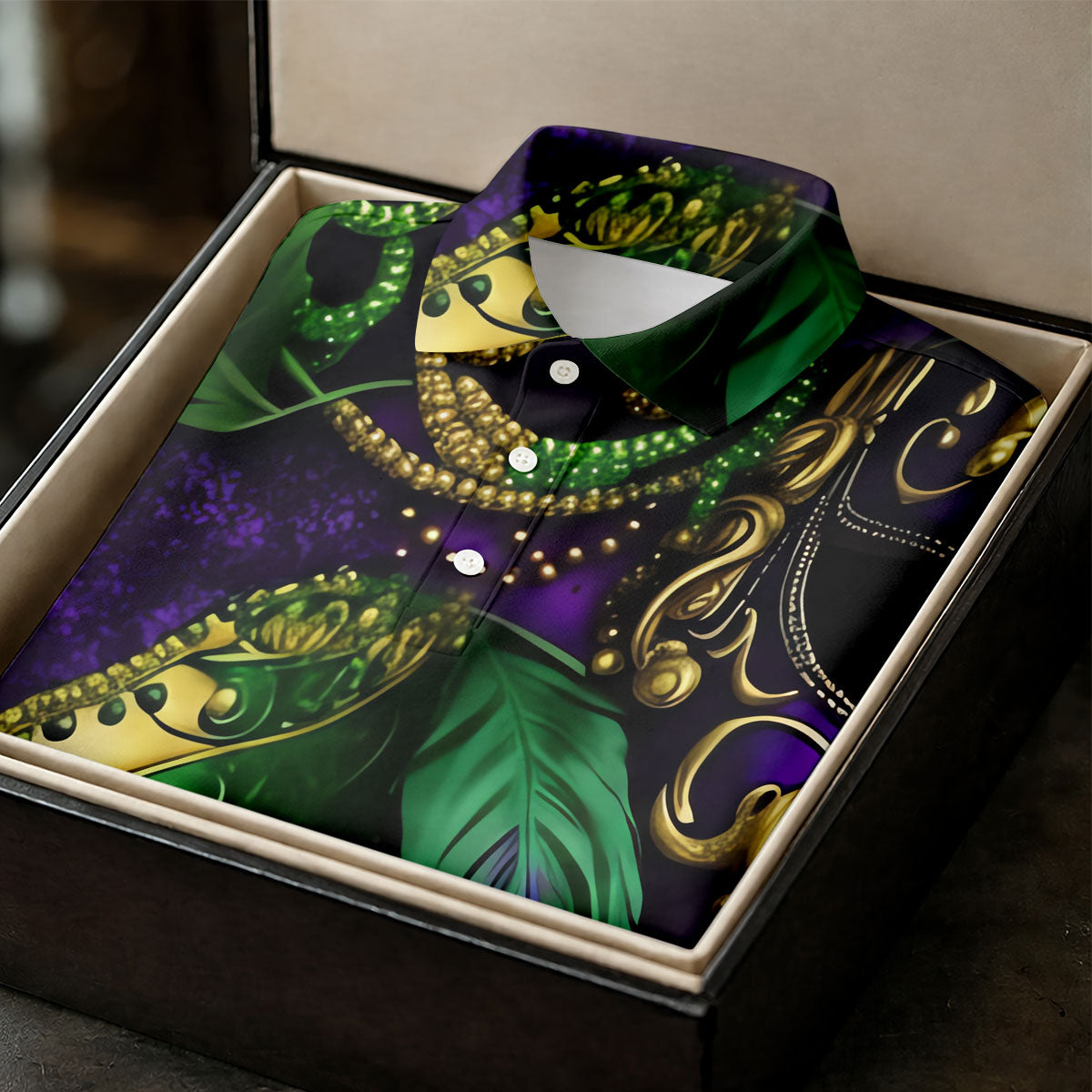 Purple Green Gold Carnival Mask Feather Print Mardi Gras Golf Shirt, Polo Shirts For Men, Golf Shirts For Men
