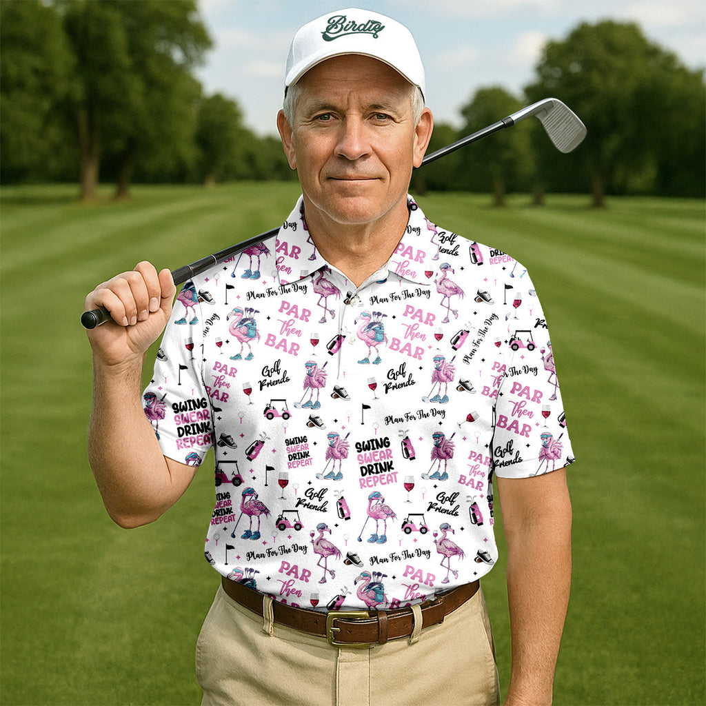 Par Then Bar Flamingo Funny Men Polo ShirtFunny Golf Polos For Men, Funny Golf Shirts