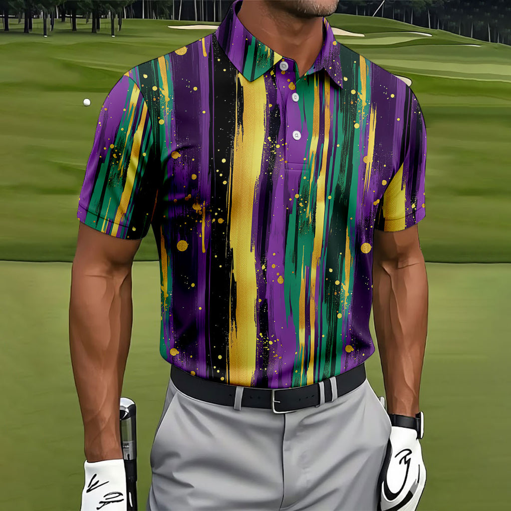 Green Purple Gold Splatter Effect Mardi Gras Golf Shirt, Polo Shirts For Men, Golf Shirts For Men