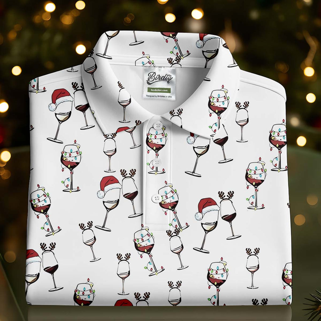 Wine Glass Christmas Lighting Golf Tops For Men, Christmas Golf Shirt, Polo Shirts For Men