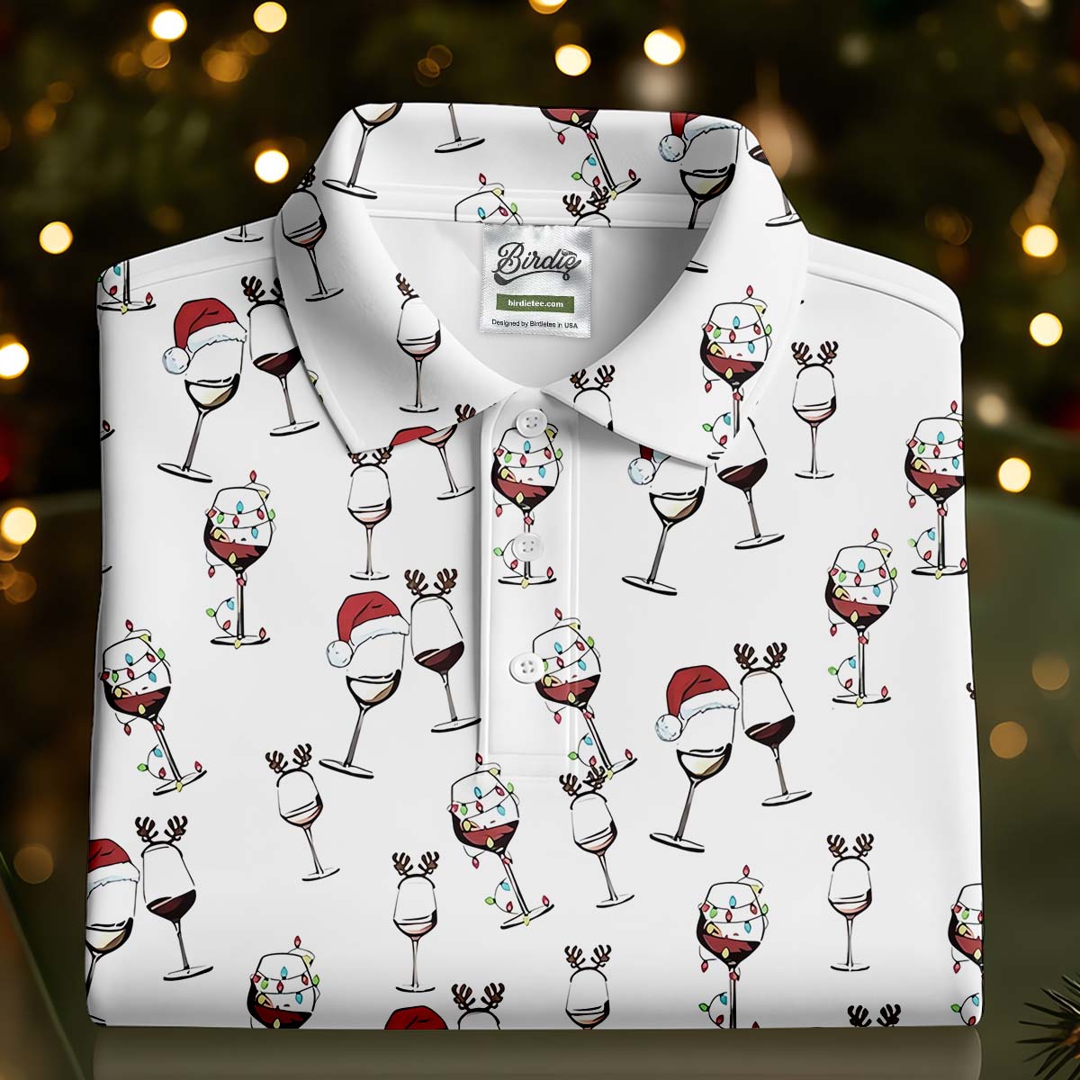 Wine Glass Christmas Lighting Golf Tops For Men, Christmas Golf Shirt, Polo Shirts For Men