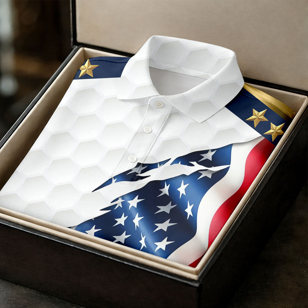 Rugged American Flag With Golf Ball Pattern 4th Of July Golf Tops For Men, 250th Anniversary Patriotic Golf Shirt