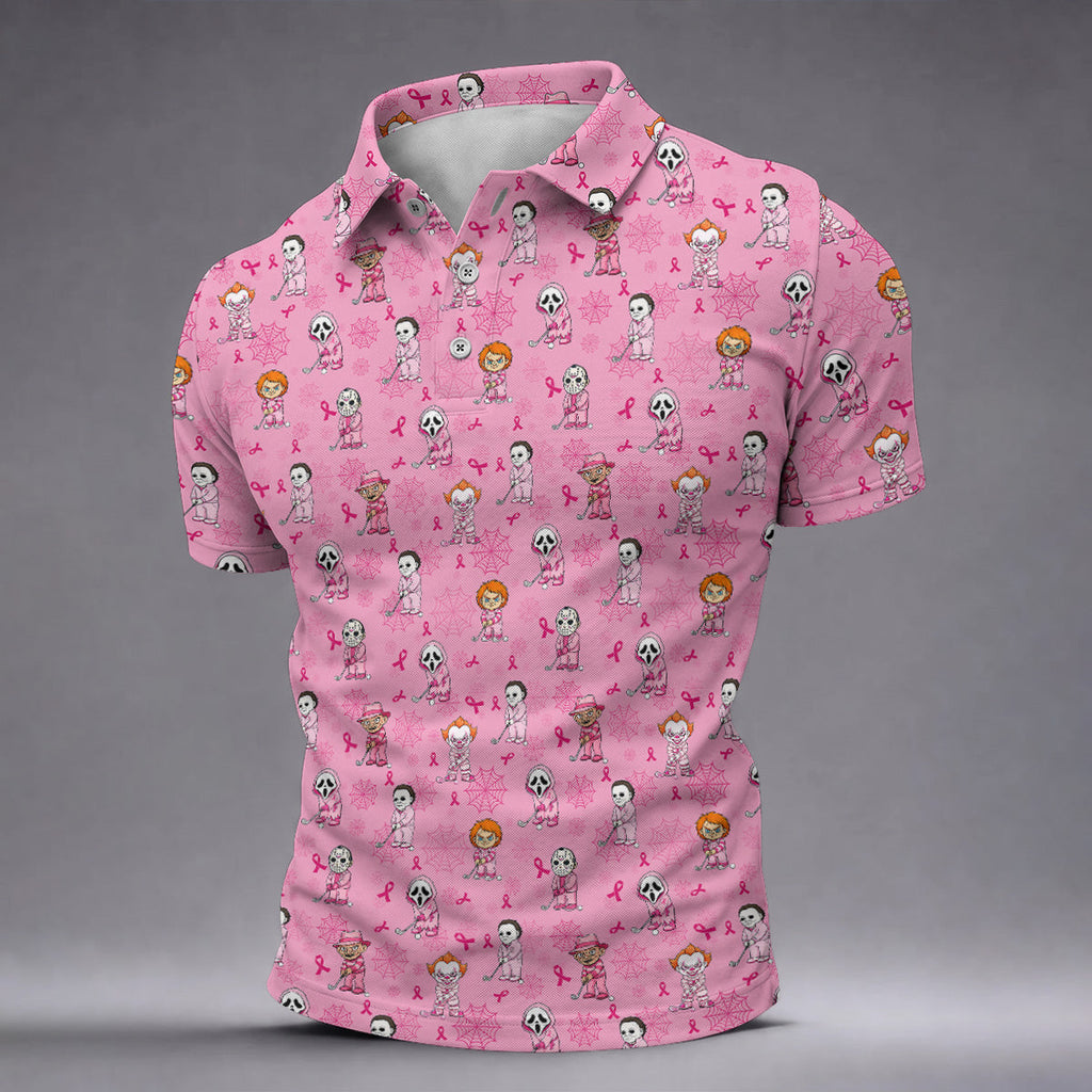 Pink Halloween Horror Breast Cancer Polo Shirt, Golf Shirts For Men, Mens Golf Shirts