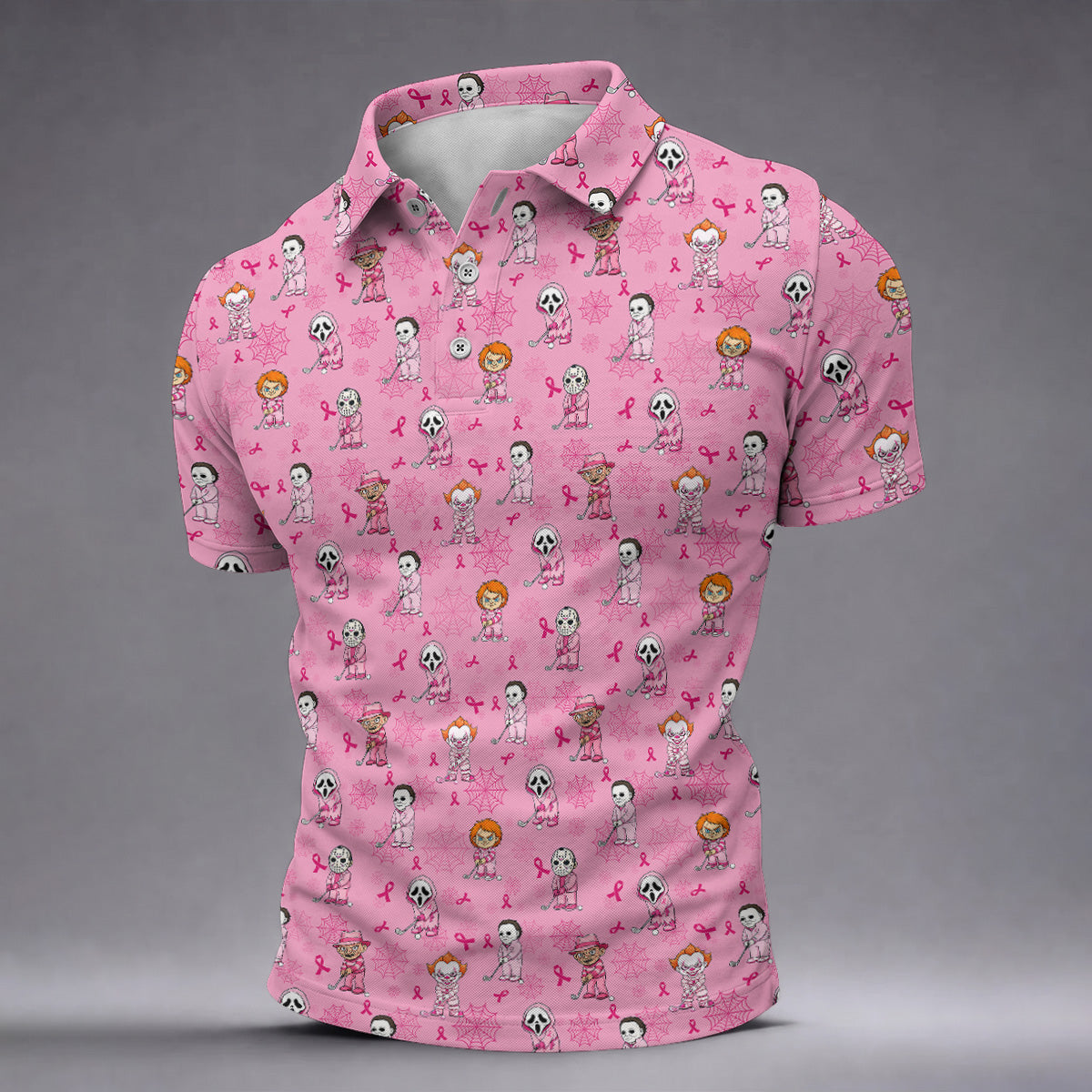 Pink Halloween Horror Breast Cancer Polo Shirt, Golf Shirts For Men, Mens Golf Shirts
