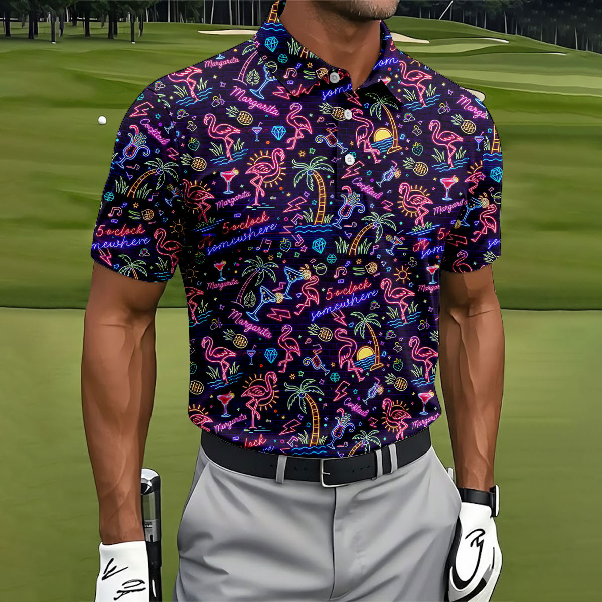 Tropical Theme Neon Pattern Black Golf Shirt, Men's Funny Golf Shirts, Polo Shirts For Men