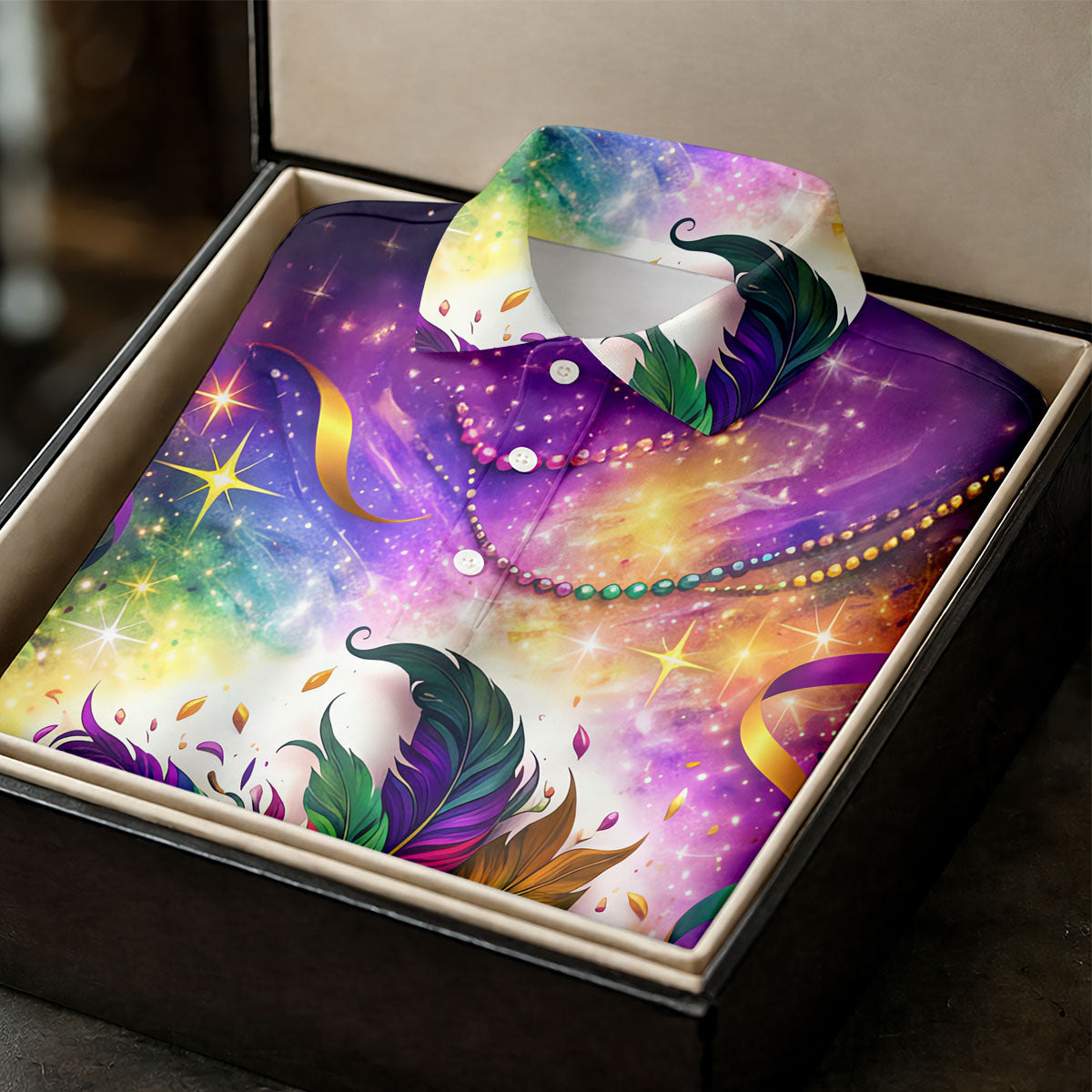 Carnival Mask Feather Print Purple Green Gold Dazzling Effect Mardi Gras Polo Shirts For Men, Golf Shirts For Men