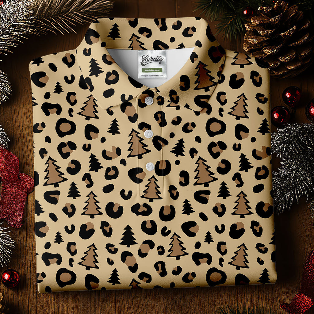 Xmas Pine Tree Leopard Pattern Brown Golf Shirt, Christmas Golf Shirt, Cute Golf Outfit, Polo Shirts For Men