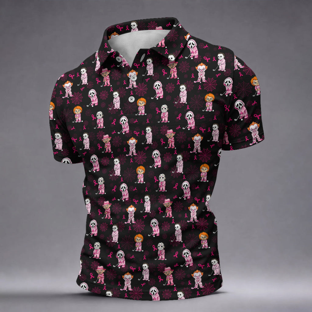 Black Halloween Horror Breast Cancer Polo Shirt, Men's Golf Shirt, Printed Golf Shirts