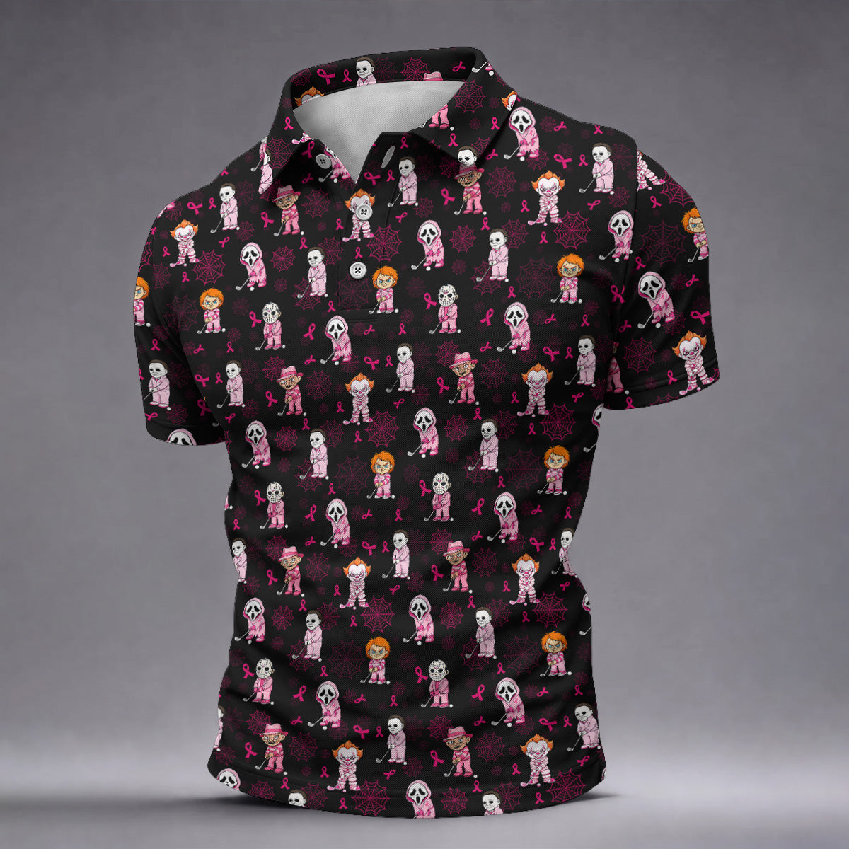 Black Halloween Horror Breast Cancer Polo Shirt, Men's Golf Shirt, Printed Golf Shirts