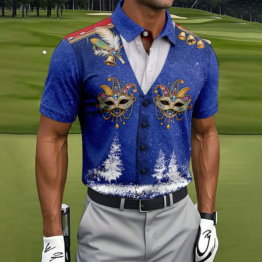 Masquerade Mask Feather Mardi Gras Glitter Print Blue Golf Shirt, Polo Shirts For Men, Golf Shirts For Men