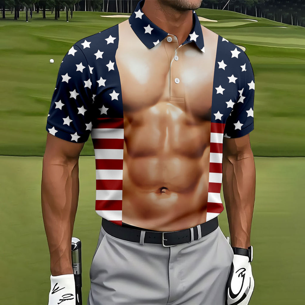 American Flag Pattern Men's Funny Golf Shirts, 250th Anniversary Performance Golf Shirt, Polo Shirts For Men