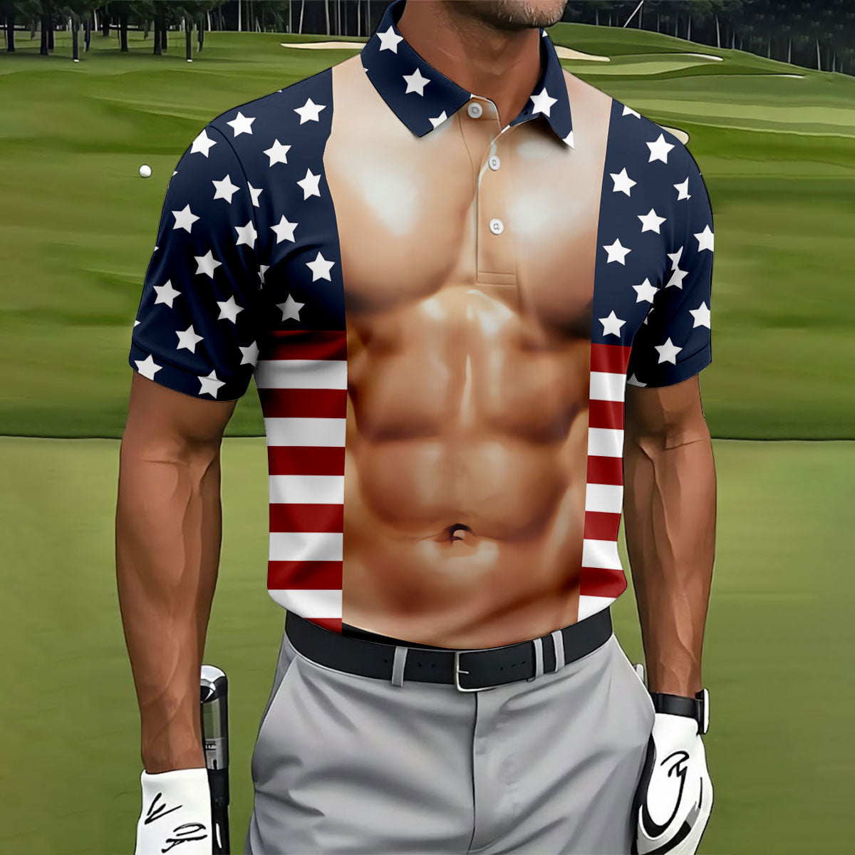 American Flag Pattern Men's Funny Golf Shirts, 250th Anniversary Performance Golf Shirt, Polo Shirts For Men