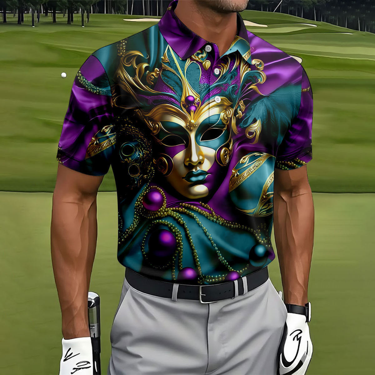 Mardi Gras Face Mask Turquoise Golf Shirt, Polo ShirtFor Men, Golf Shirts For Men, Polo For Men