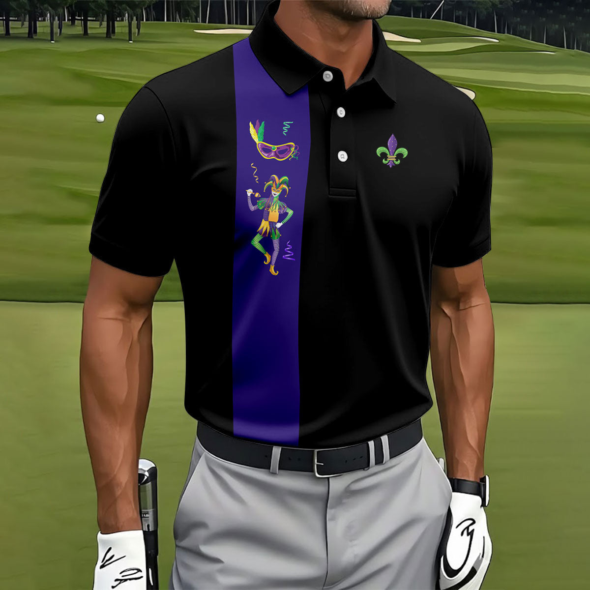 Mardi Gras Festival Jester Figure Fleur De Lis Symbol Black Golf Shirt, Polo Shirts For Men, Golf Shirts For Men
