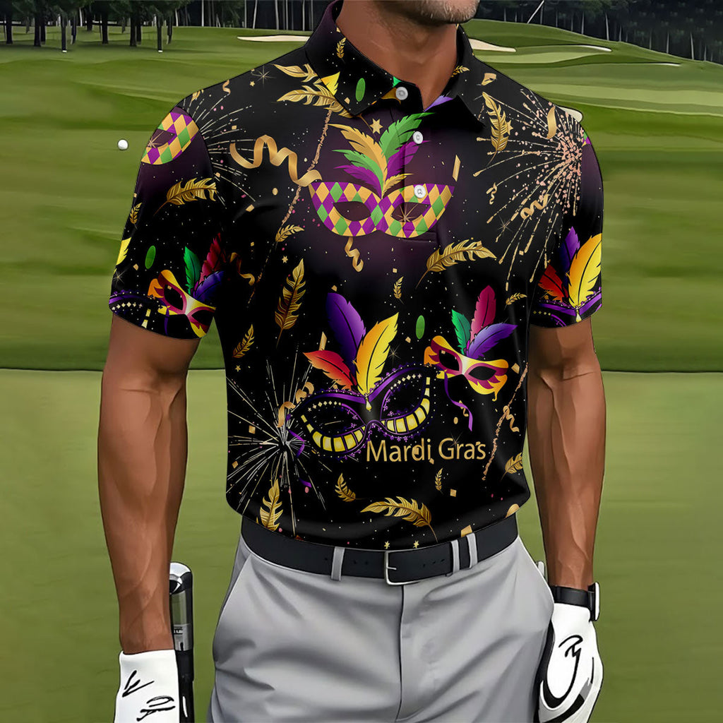 Gold Ribbons Mardi Gras Masquerade Mask Golf Tops For Men, Polo Shirts For Men, Golf Shirts For Men