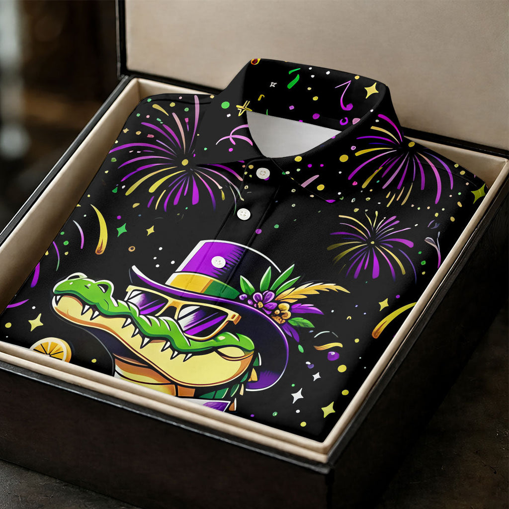 Mardi Gras Aligator Purple Green Gold Confetti Star Golf Tops For Men, Polo Shirts For Men, Golf Shirts For Men