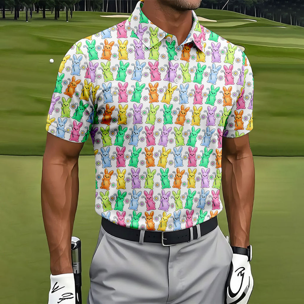Colorful Easter Bunny White Golf Shirt, Cute Golf Outfit, Golf Shirts For Men, Golf Gift For Men
