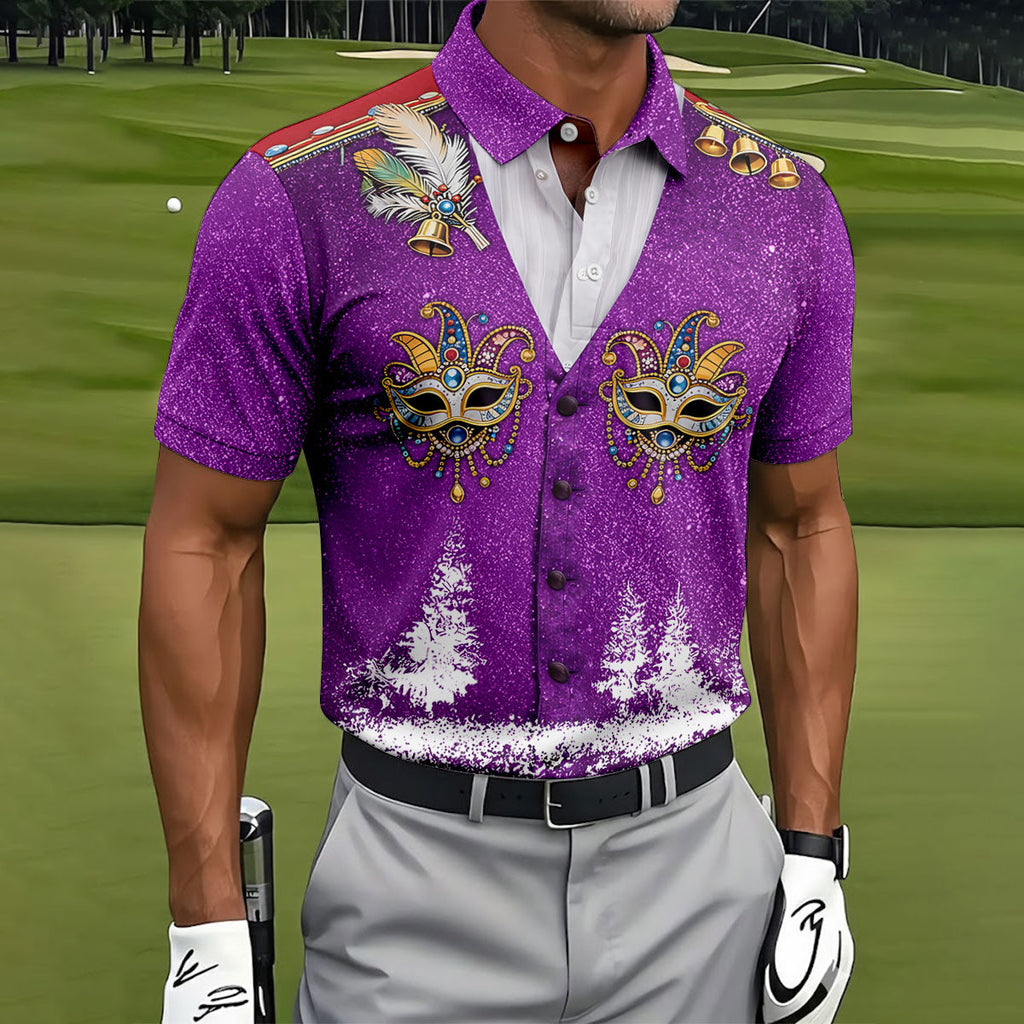 Masquerade Mask Feather Mardi Gras Glitter Print Purple Golf Shirt, Polo Shirts For Men, Golf Shirts For Men