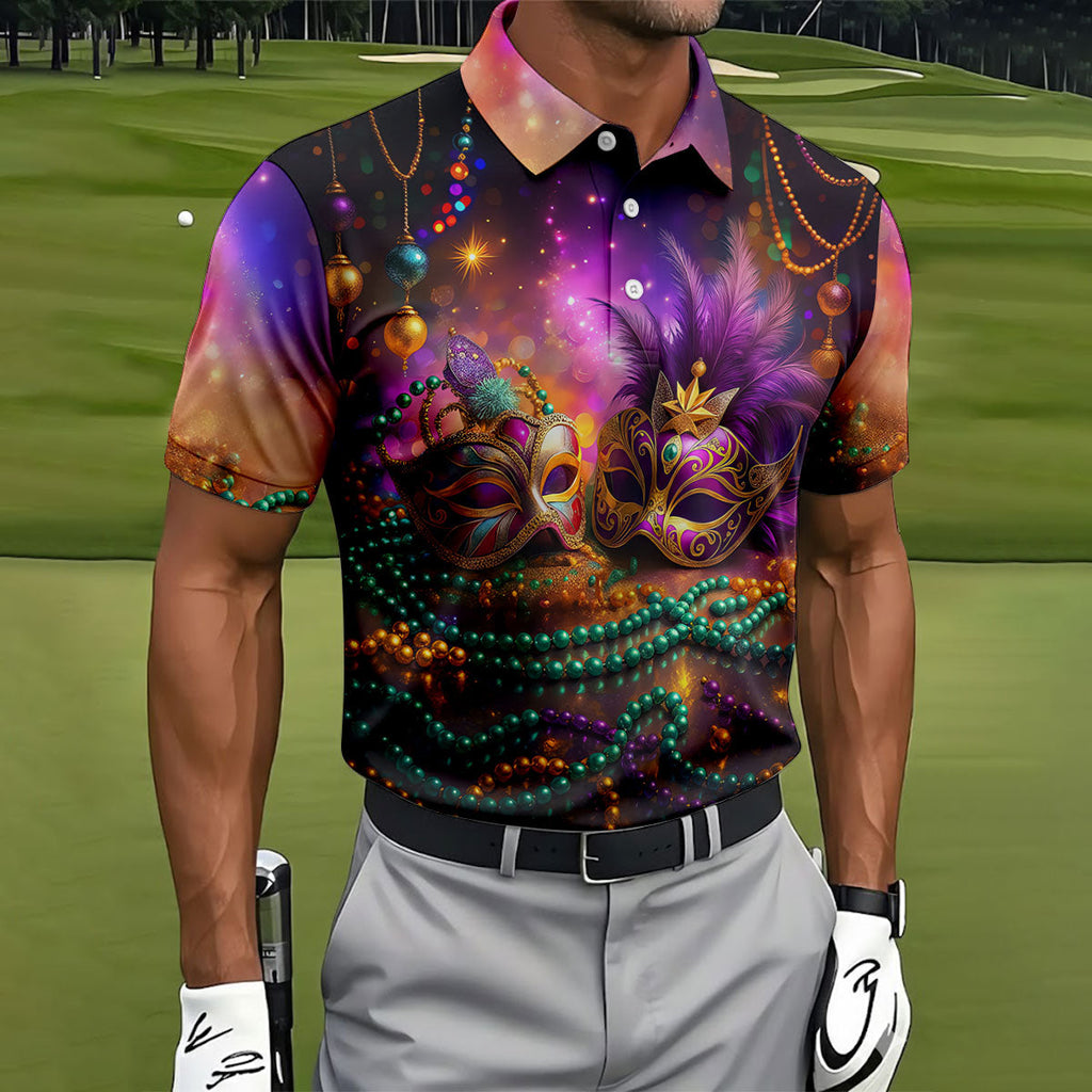Carnival Mask Beads Chain Bokeh Effect Mardi Gras Golf Shirt, Polo Shirts For Men, Golf Shirts For Men