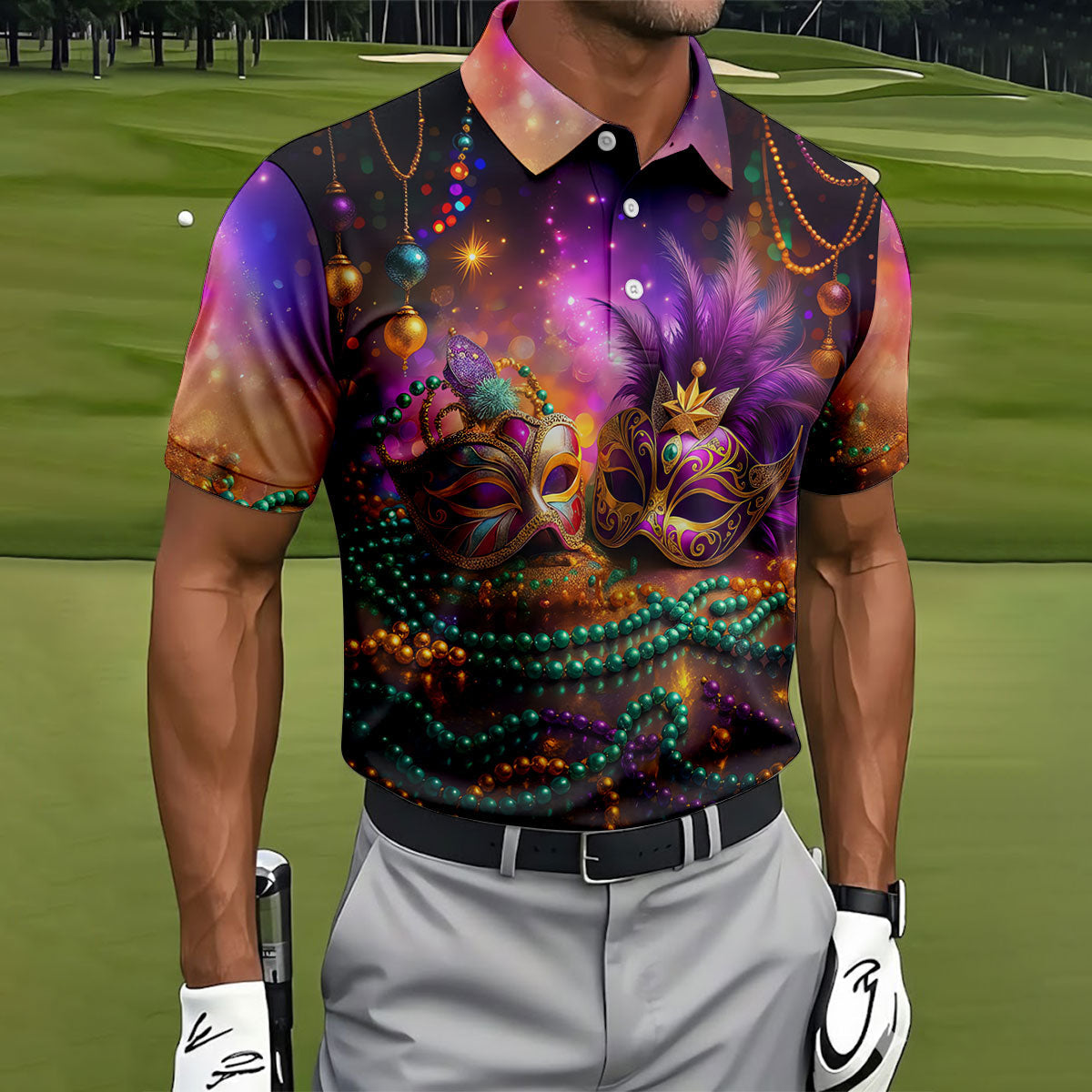 Carnival Mask Beads Chain Bokeh Effect Mardi Gras Golf Shirt, Polo Shirts For Men, Golf Shirts For Men