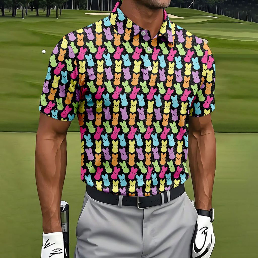 Colorful Easter Peeps Black Golf Shirt, Golf Shirts For Men, Cute Golf Outfit, Polo Shirts For Men
