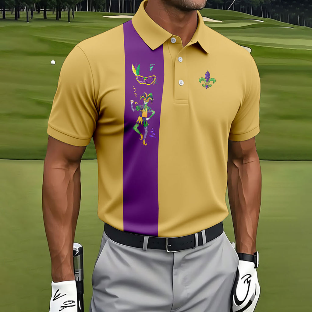 Mardi Gras Festival Jester Figure Fleur De Lis Symbol Yellow Golf Shirt, Polo ShirtFor Men, Golf Shirts For Men