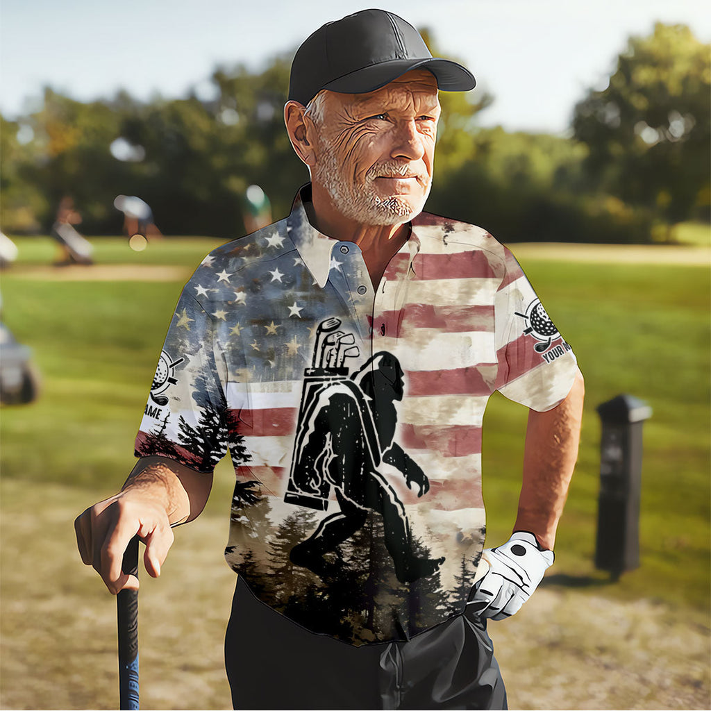 Patriotic Golf Polo Shirt Bigfoot Golf Shirt, Men's Long Seeve Golf Shirts, Golf Gifts For Men