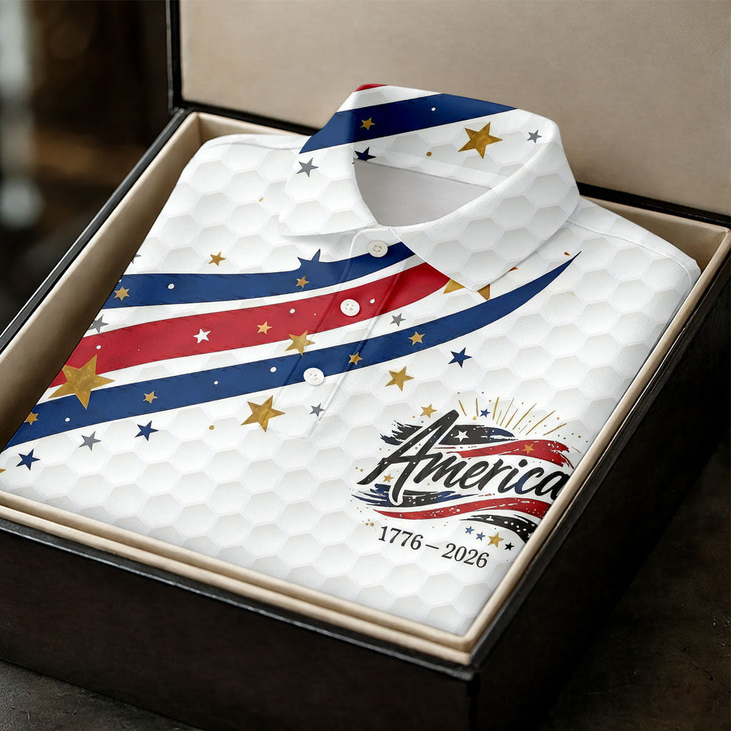 Red White Blue Wavy Stripes Golf Ball Pattern Patriotic Golf Shirt, 250th Anniversary Golf Shirts For Men