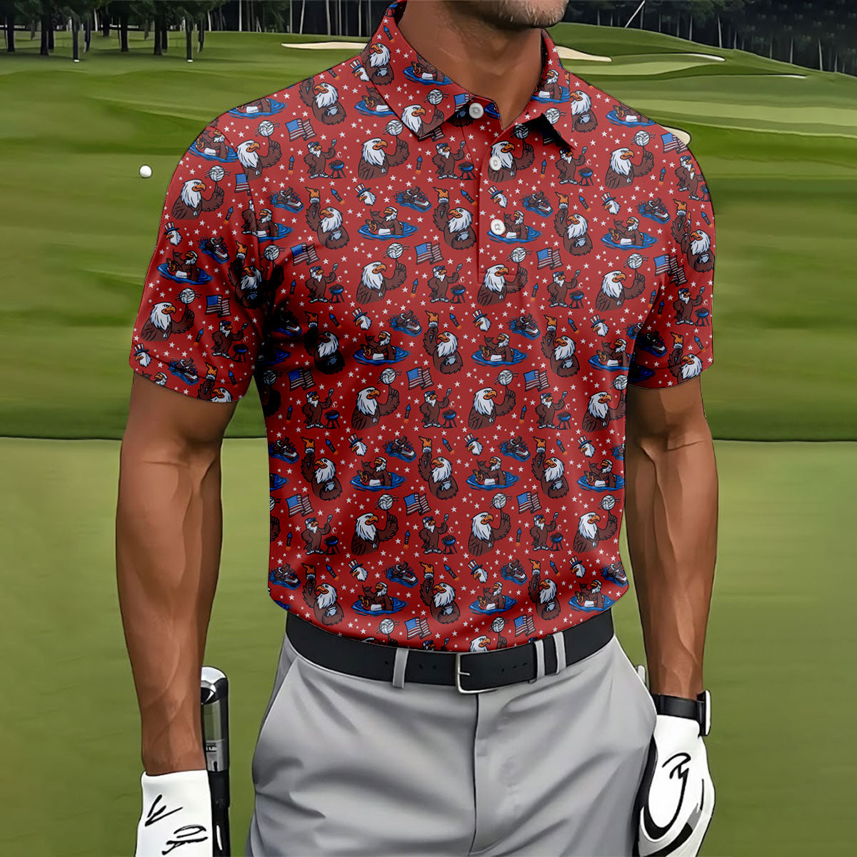 Patriotic Bald Eagle Golf Shirts For Men, 250th Anniversary 4th Of July Golf Shirt, Golf Gift For Men