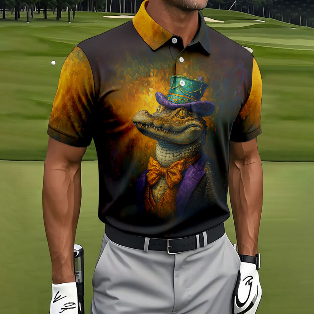 Mardi Gras Aligator Retro Golf Shirt, Golf Tops For Men, Polo Shirts For Men, Golf Shirts For Men
