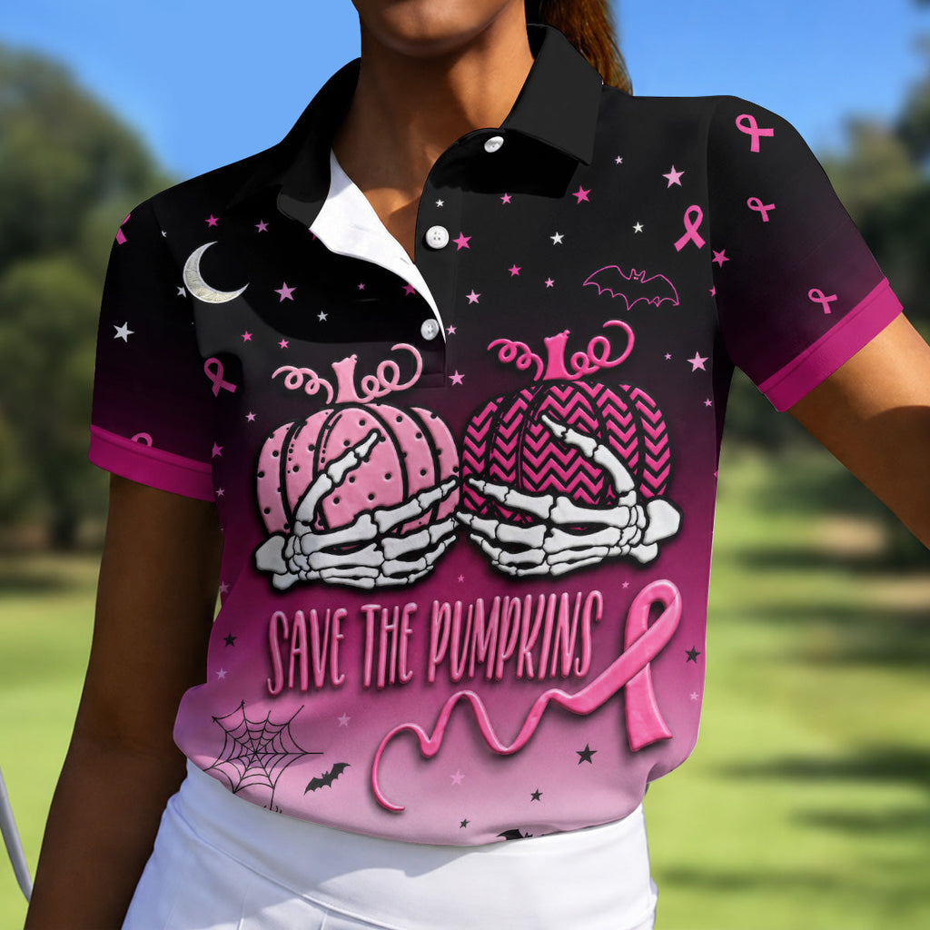 Save The Pumpkins Halloween Breast Cancer Golf Polo Shirt, Ladies Golf Shirts