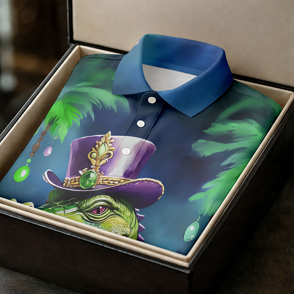 Mardi Gras Alligator Navy Golf Shirt, Men's Funny Golf Shirts, Polo Shirts For Men, Golf Shirts For Men
