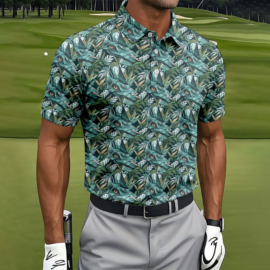 Dinosaur Head Tropical Vibe Golf Tops For Men, Polo Shirts For Men, Golf Shirts For Men