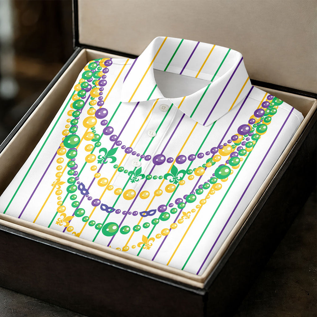 Mardi Gras Beads Necklaces Print White Golf Shirt, Golf Tops For Men, Polo Shirts For Men, Golf Shirts For Men