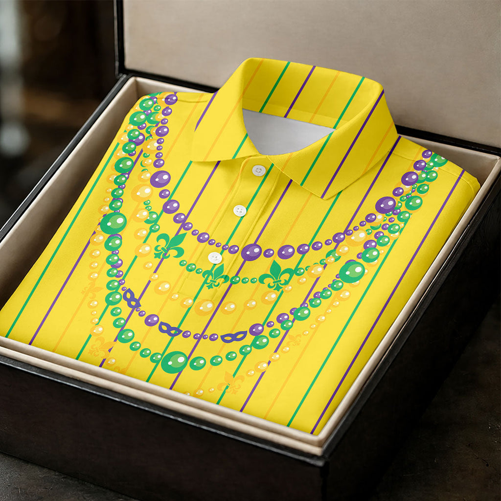 Mardi Gras Beads Necklaces Print Yellow Golf Shirt, Golf Tops For Men, Polo Shirts For Men, Golf Shirts For Men