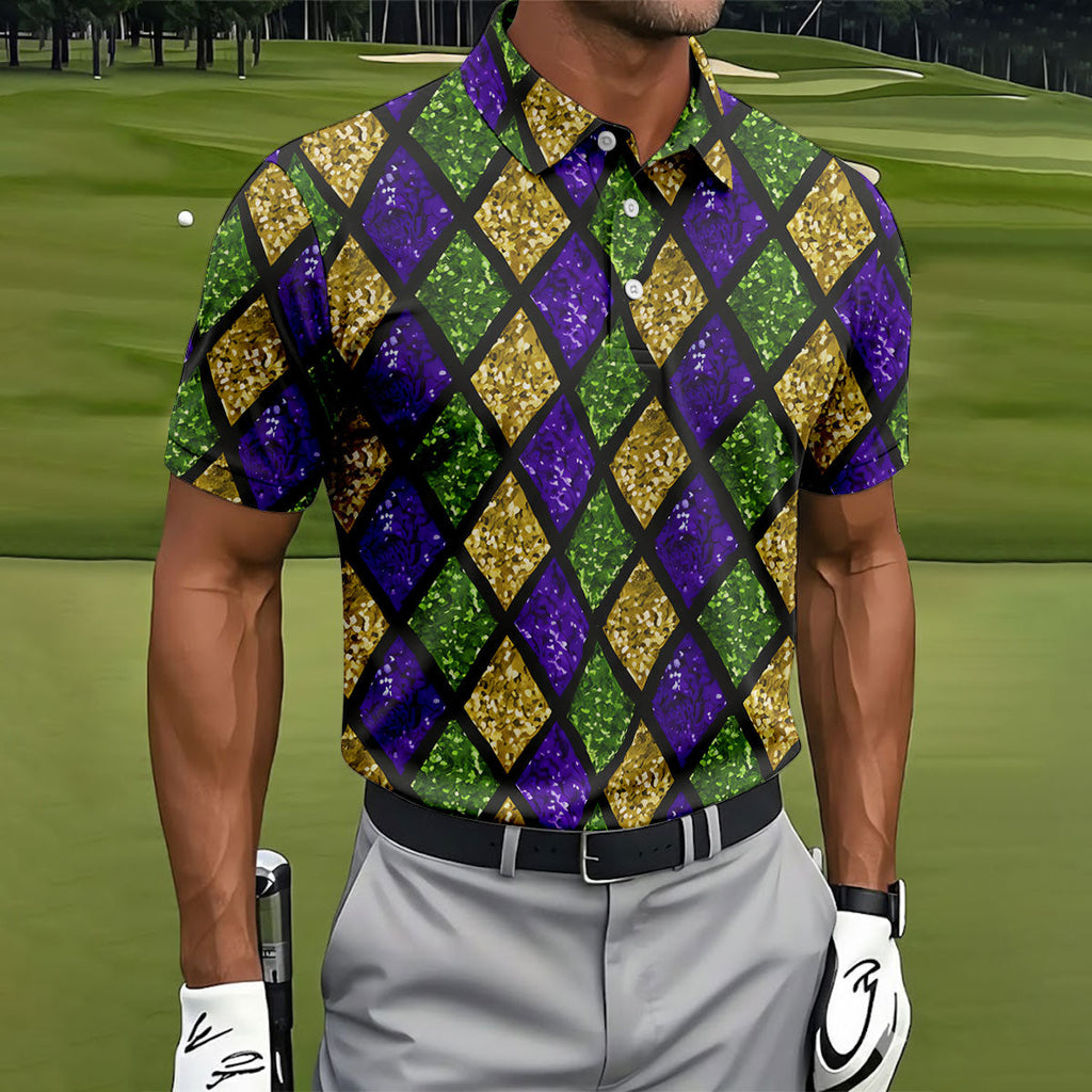 Green Purple Gold Argyle Pattern Sparkling Effect Mardi Gras Golf Shirt, Polo Shirts For Men, Golf Shirts For Men
