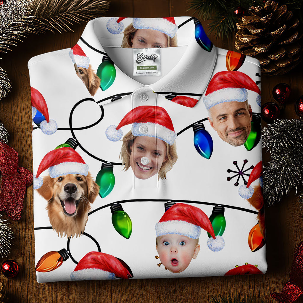 Custom Family Portrait Christmas Lights Pattern Men's Golf Polo Shirts, Christmas Golf Shirt, Golf Gift For Men