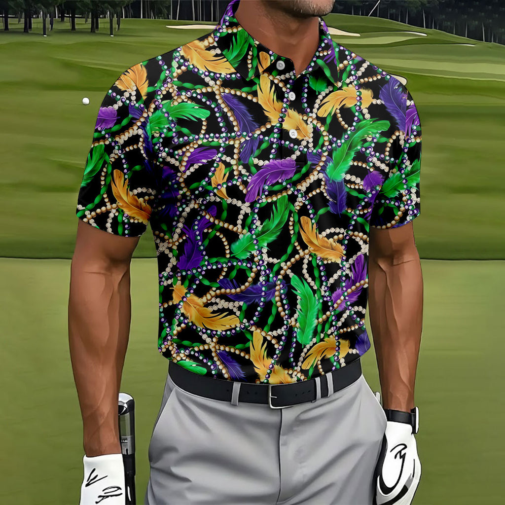 Purple Green Gold Feather Beads Mardi Gras Golf Shirt, Polo Shirts For Men, Golf Shirts For Men